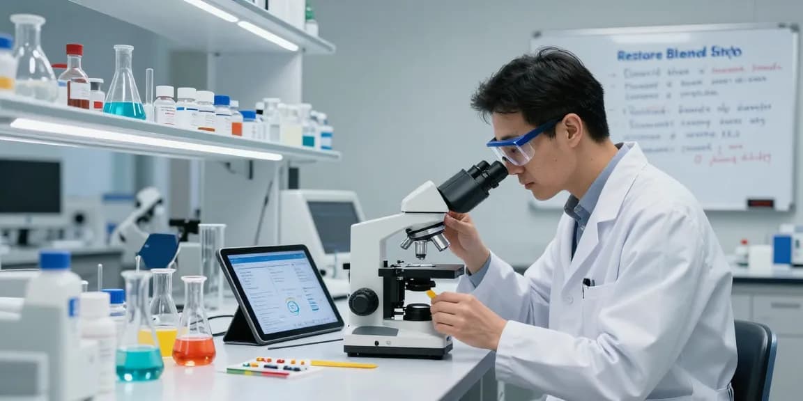 Scientist examining Restore Blend Peptide Buccal Strips focusing on TB 500 benefits in a high-tech lab.