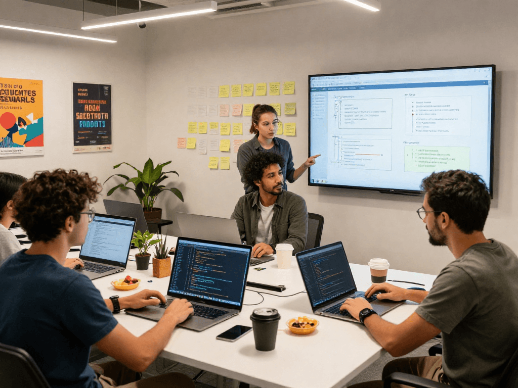team collaboration at a software development agency with code on screens, Agile methodologies, and a vibrant atmosphere