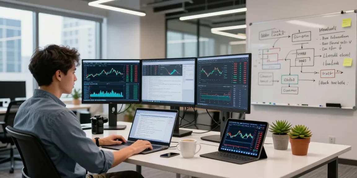 Developer analyzing algorithmic trading API data in a modern office.