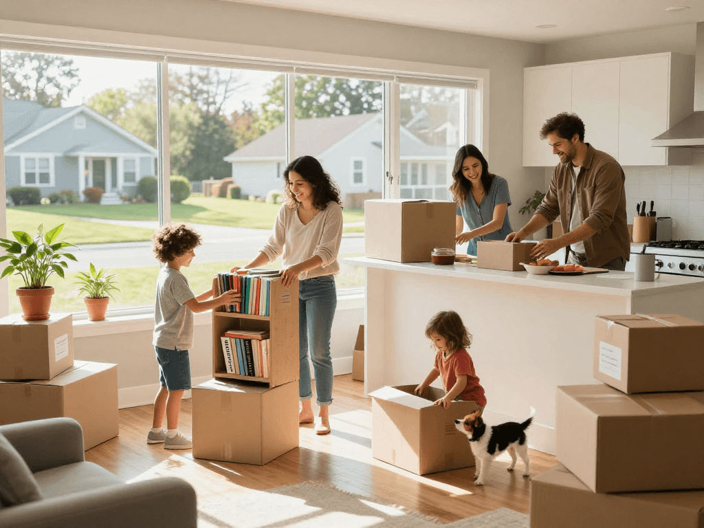 Unpacking a moving checklist during a family relocation with boxes and a cozy living room scene.