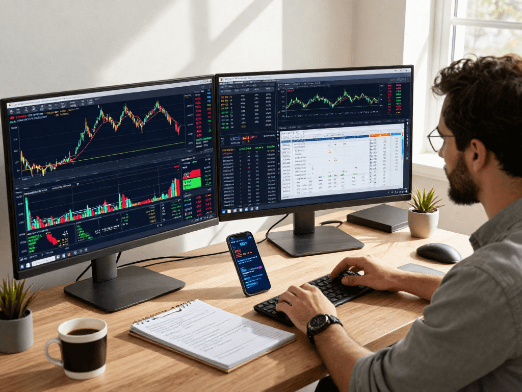 使用TradingView进行行情分析的交易员在现代办公环境中，展示实时股市和加密货币图表。