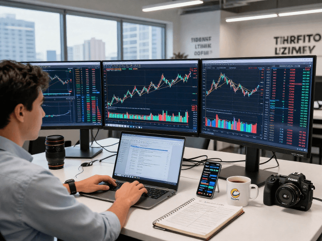Trader analyzing TradingView charts on multiple screens in a modern office
