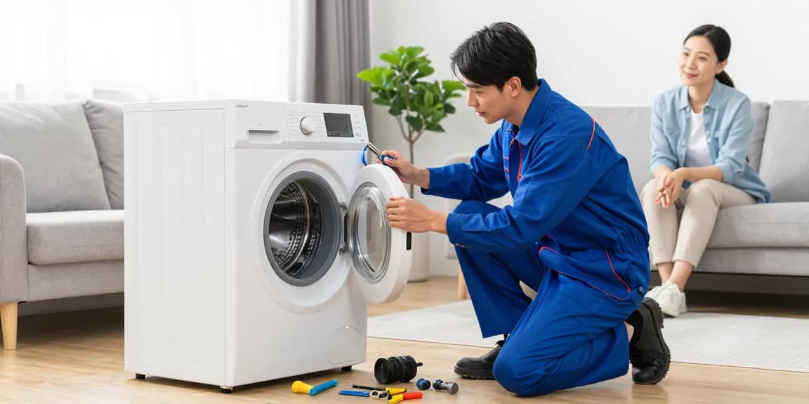 Washing machine repair technician diagnosing a unit in a bright living room setting, showcasing professional home service.