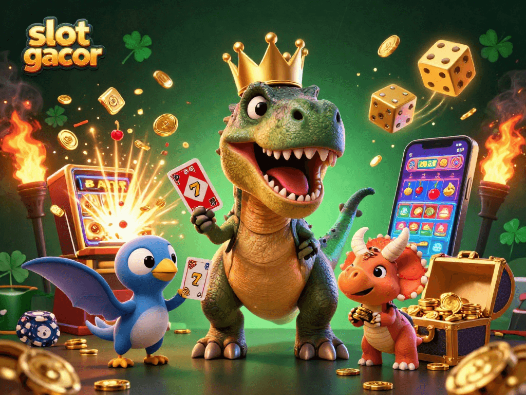 Slot gacor harian dengan T-Rex bermain kartu, triceratops menumpuk chip emas, mesin slot besar.