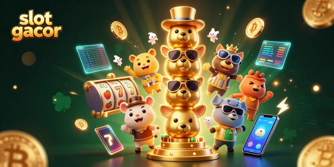 Jelajahi slot gacor dengan ilustrasi 3D totem emas dan simbol permainan slot yang berkilau.