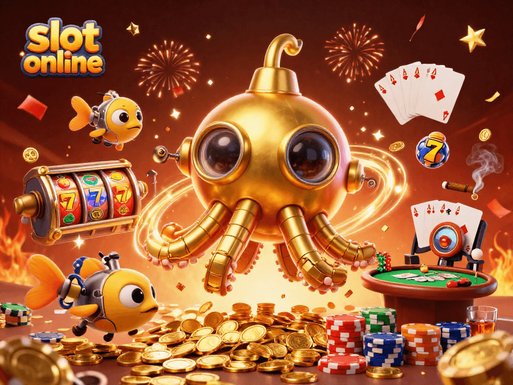 Permainan slot online yang menarik dengan simbol jackpot dan koin emas dalam ilustrasi 3D.