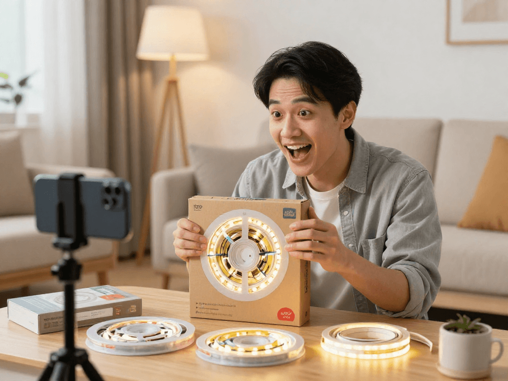 Prezentare banda led 220V în timpul cumpărăturilor online de produse LED, evidențierea celor mai bune oferte și recenzii pe platforme de e-commerce.
