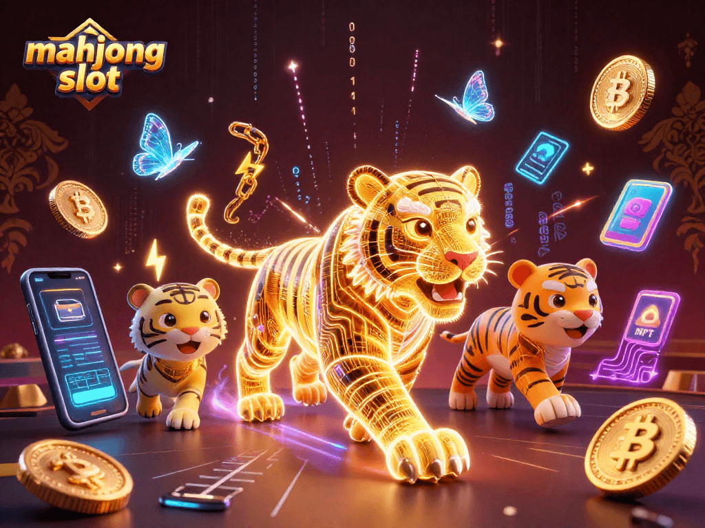 Engage with the mahjong slot through a dynamic digital casino scene with neon visuals and exciting game elements.