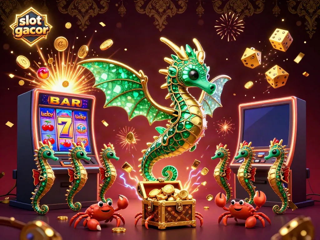 Experience slot gacor excitement with a vibrant 3D scene illustrating jackpots, treasures, and lively casino elements.