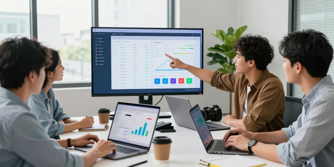 Buy app downloads strategy session with a team analyzing app rankings and growth metrics in a modern workspace.