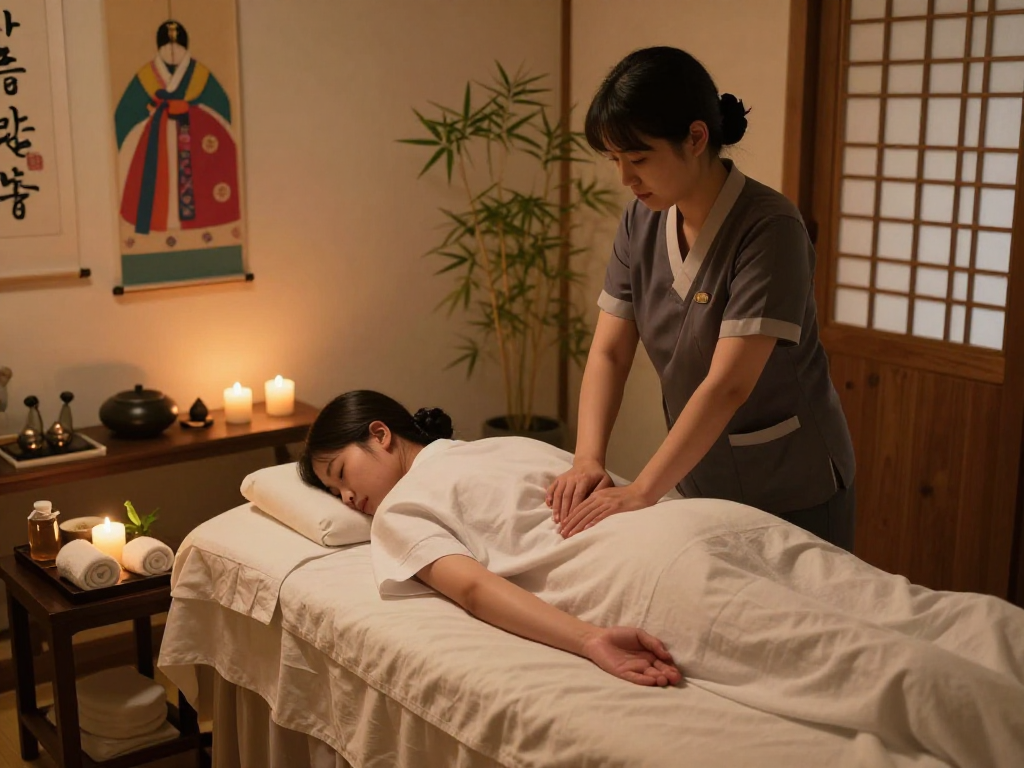 Relaxing 서울출장마사지 scene in a tranquil Seoul spa setting with soothing ambiance
