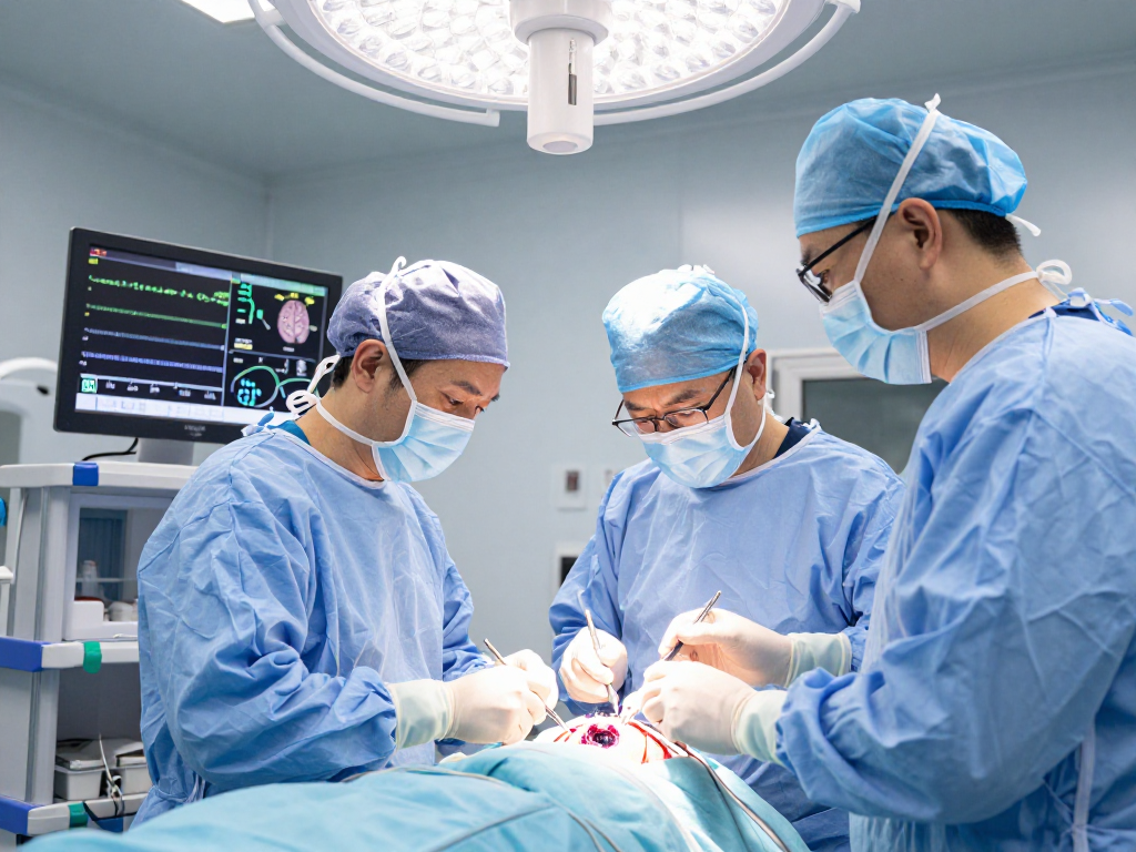 Beyin tümörü ameliyatı in progress, showcasing a surgical team focused on patient care and advanced techniques.