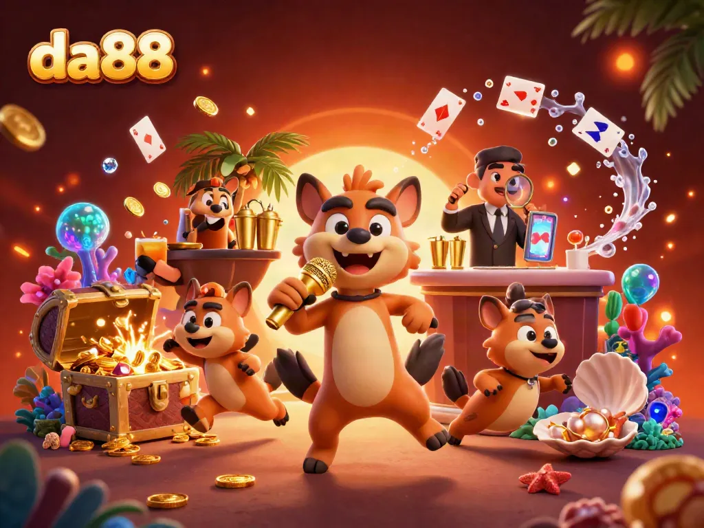 Experience the vibrant da88 casino with lively hyena characters, treasure chests, and dynamic gaming atmosphere.