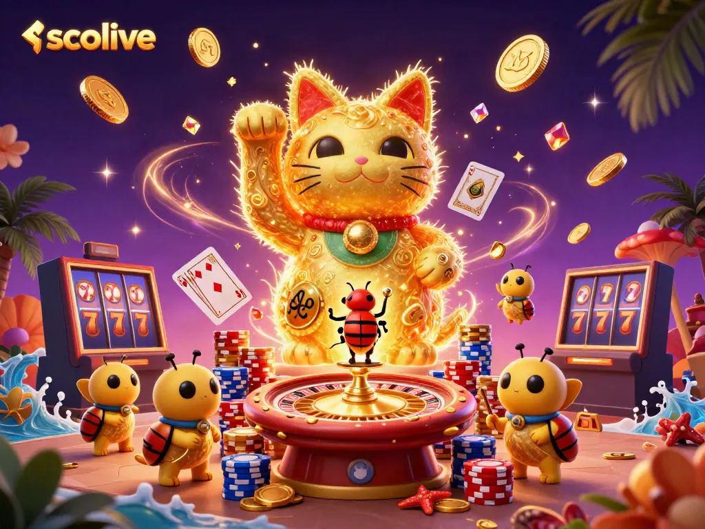 Experience the excitement with socolive's lucky cat forming casino symbols amidst flying coins and gems.