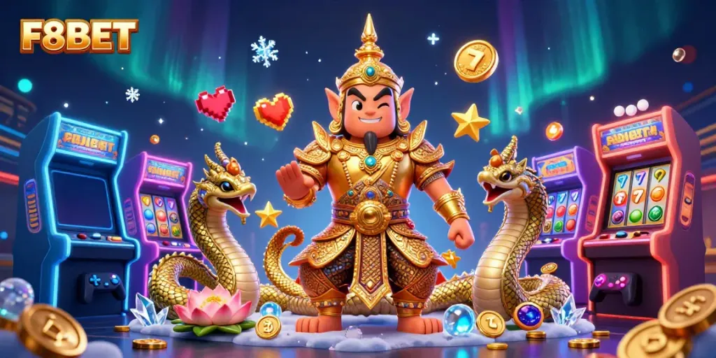 Engaging scene of F8BET with cartoon guardians and dynamic slot elements in a vibrant casino.
