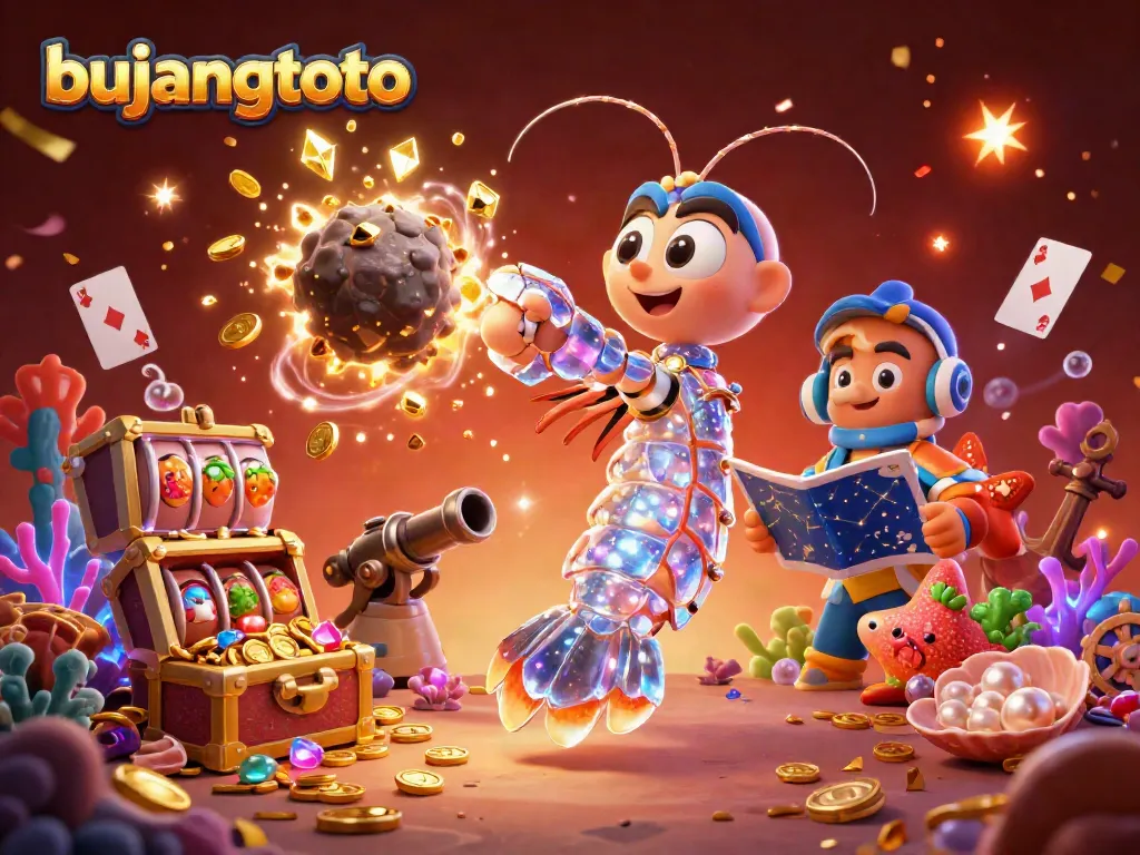 Experience the excitement of bujangtoto with a vibrant 3D casino scene full of treasures and celebratory elements.