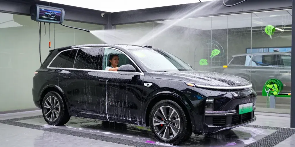 Touchless car wash near me Fort Worth with high-tech wash technology cleaning a black SUV.