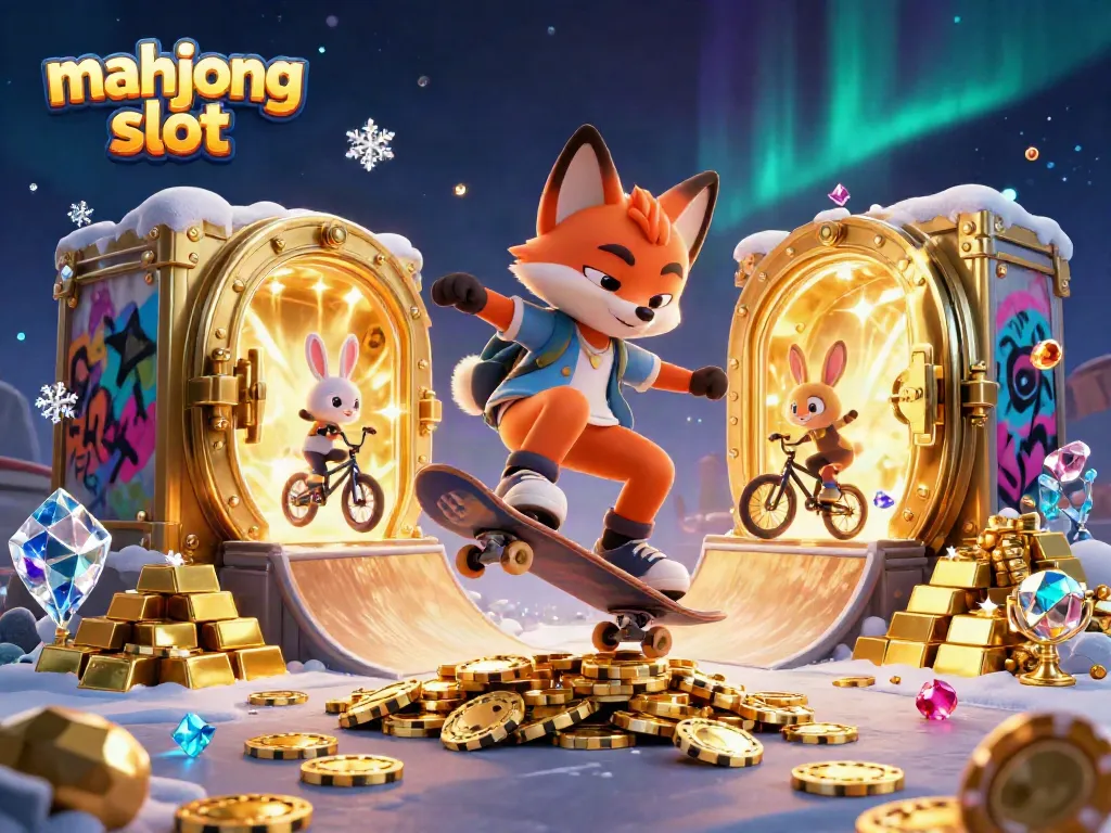 Experience the excitement of mahjong slot gaming with dynamic illustrations of casino symbols and vibrant character action.