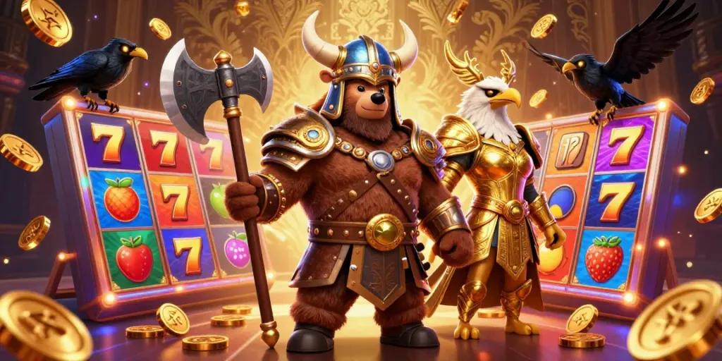 Visualisasi Slot88 dengan beruang Viking dan simbol slot, menarik bagi pemain kasino.