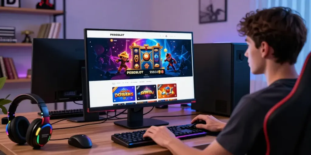 PESGSLOT gaming platform user interface on a stylish gaming monitor.
