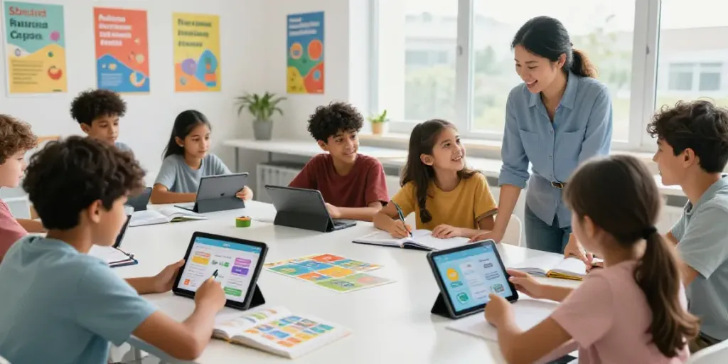 Toto language learning classroom with diverse students using tablets and interactive games.