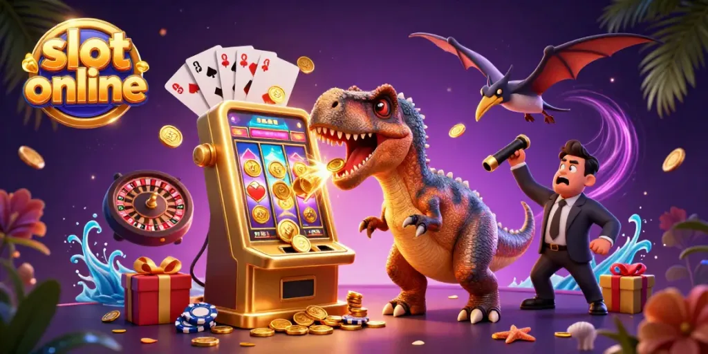 Putaran slot online yang mengeluarkan koin emas, dalam ilustrasi 3D penuh warna dan detail.