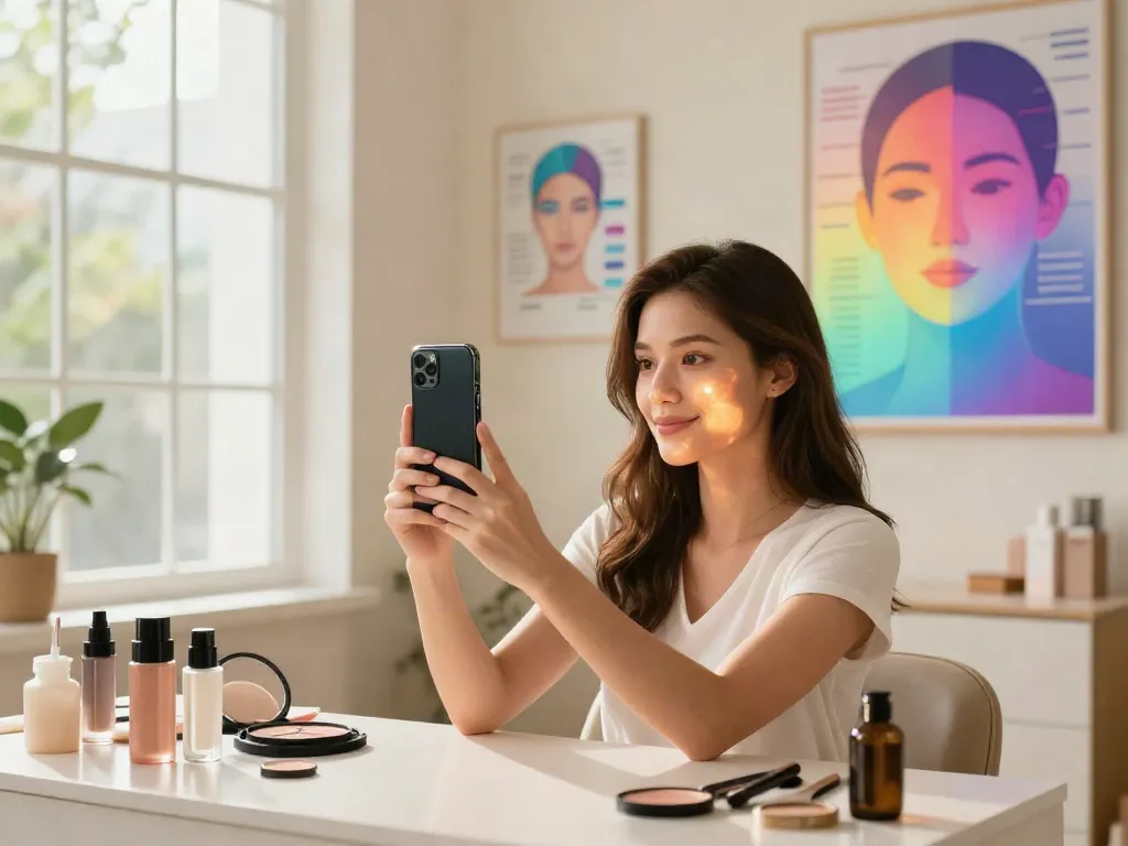 Alternatives to QOVES in a beauty analysis scene with a woman using a smartphone