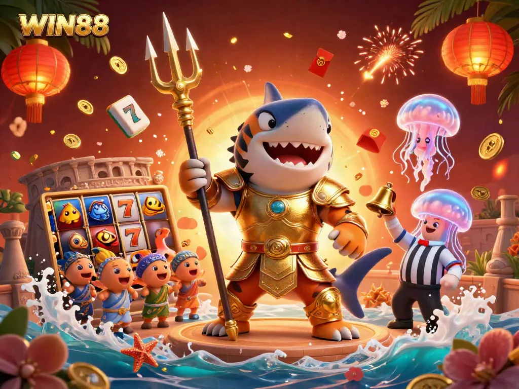 Experience thrilling wins at WIN88 in a vibrant underwater casino scene with engaging characters and dynamic symbols.