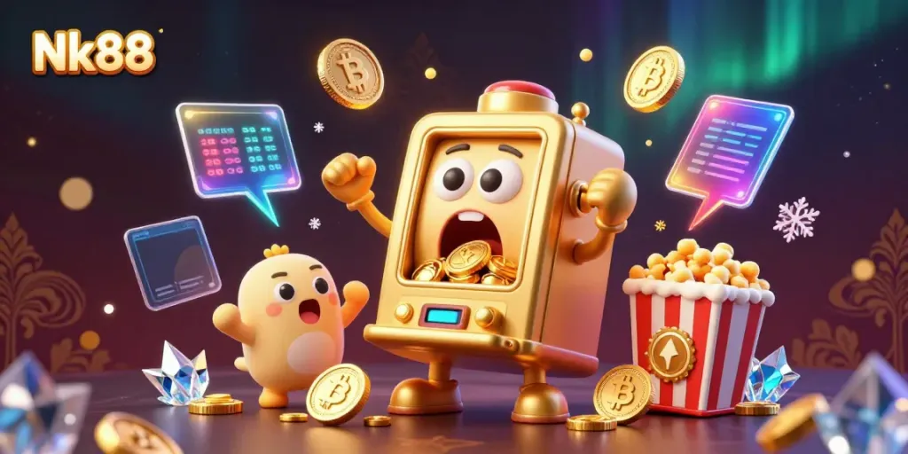 Nk88 slot machine celebrating a jackpot amidst vibrant crypto-themed elements and festive atmosphere.