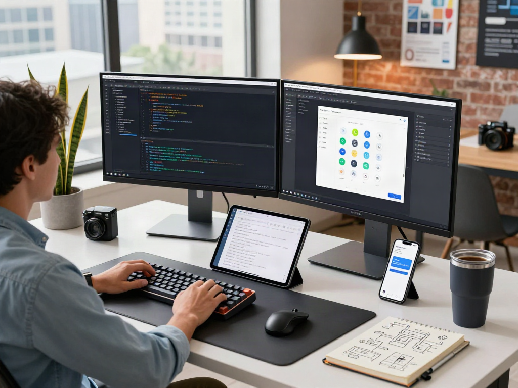 Développeur travaillant sur Atlas pro ontv dans un bureau moderne, ambiance collaborative.