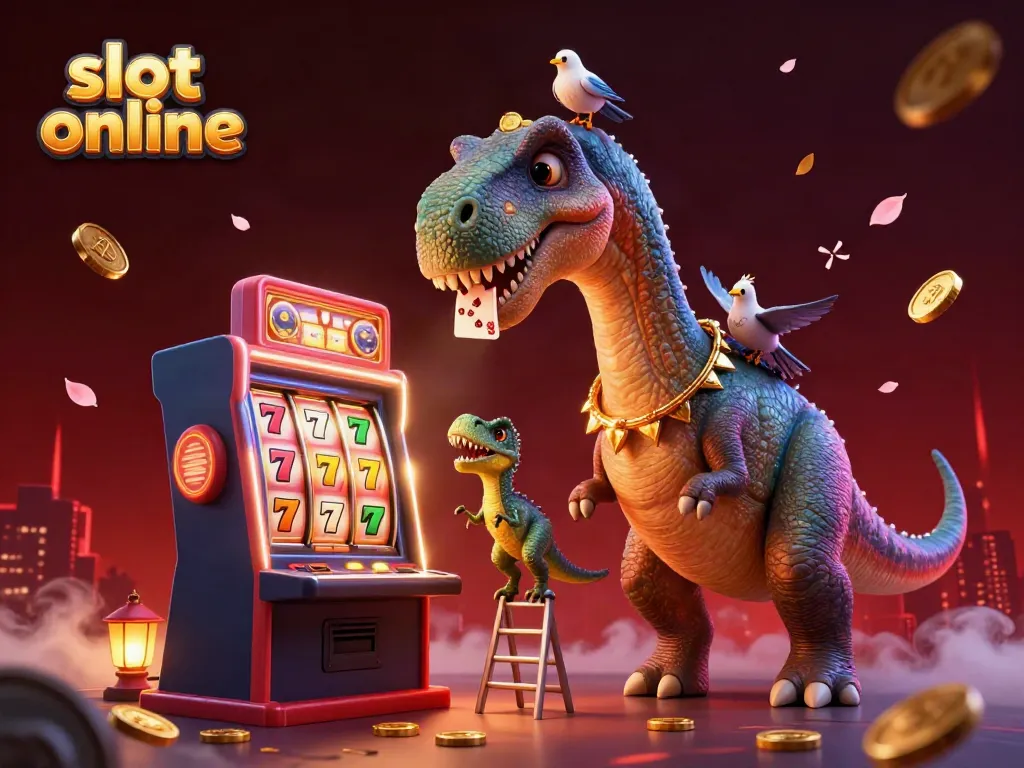 Experience thrilling slot online action with a 3D cartoon brontosaurus, vibrant reels, and dynamic casino elements.