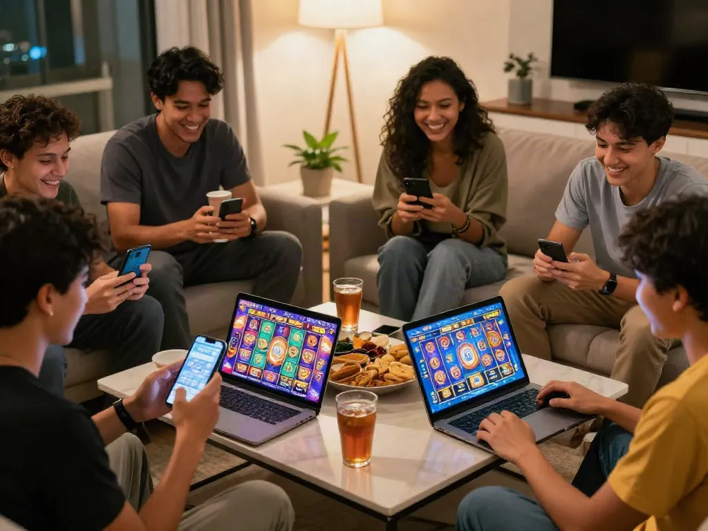 Friends enjoying slot resmi games on smartphones in a cozy living room.