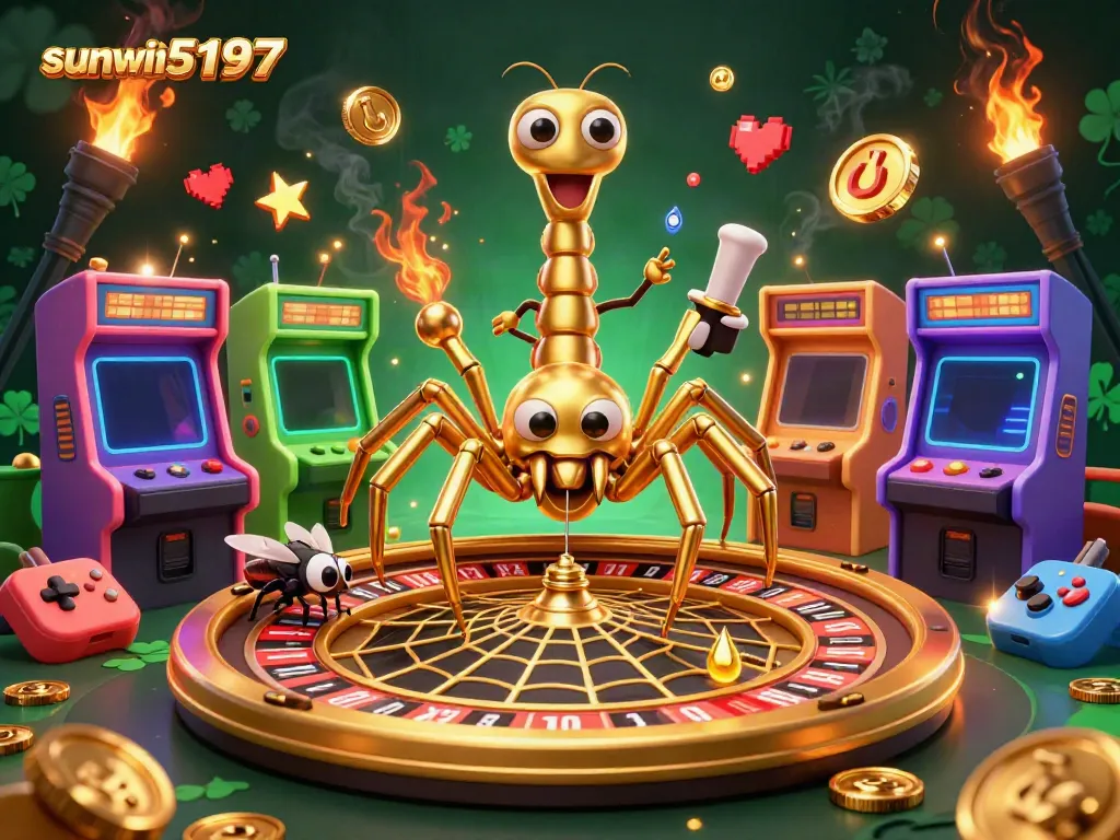 Engage with sunwin15197's vibrant casino scene featuring a golden spider and centipede croupier amidst arcade games.