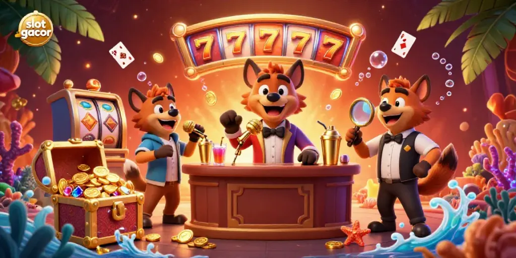 Hyenas entertain in a casino setting with slot gacor elements, showcasing vibrant gaming details and dynamic action.