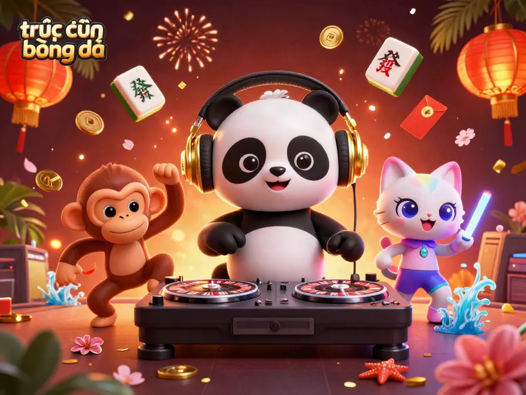 Enjoy trực tiếp bóng đá with vibrant characters dancing amidst casino-themed elements in a dynamic setting.