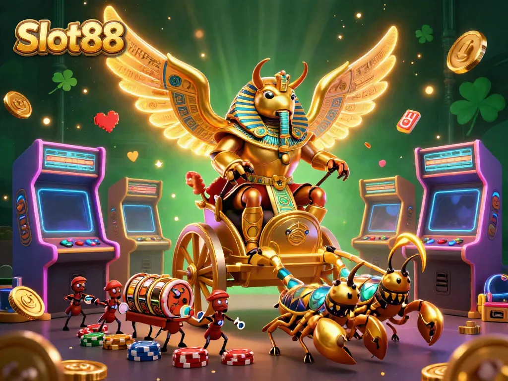 Engage with Slot88's thrilling world of slots featuring a golden scarab beetle in a dynamic 3D casino scene.