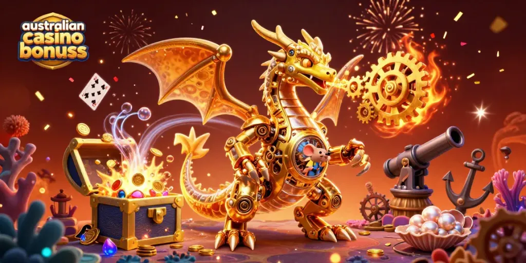 Explore exciting australian casino bonuses with golden dragon, treasure, and magical effects.