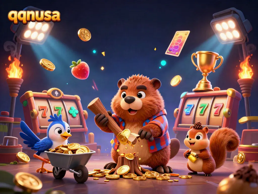 Explore qqnusa's thrilling world of slot games with a golden coin shower and lively characters.