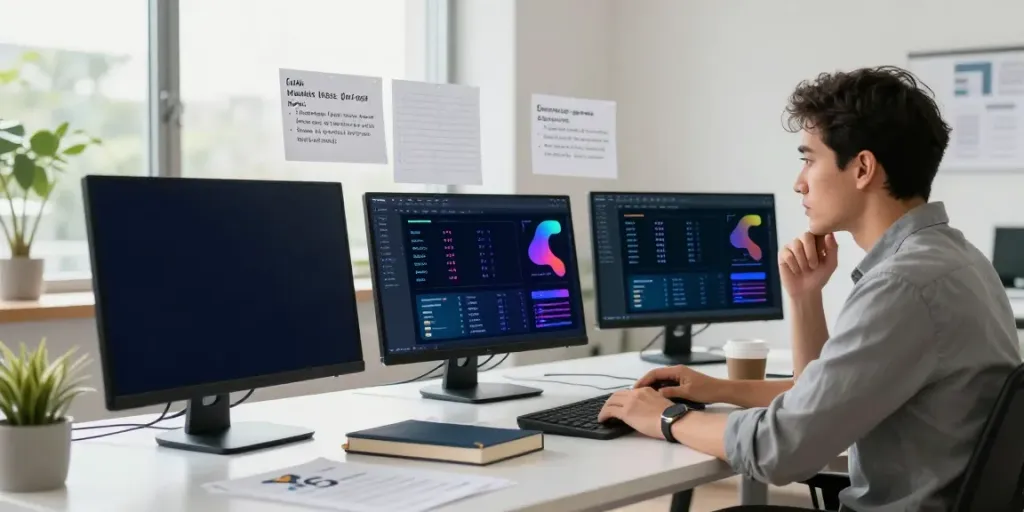 SEO specialist analyzing data for ai seo optimization in a modern office.