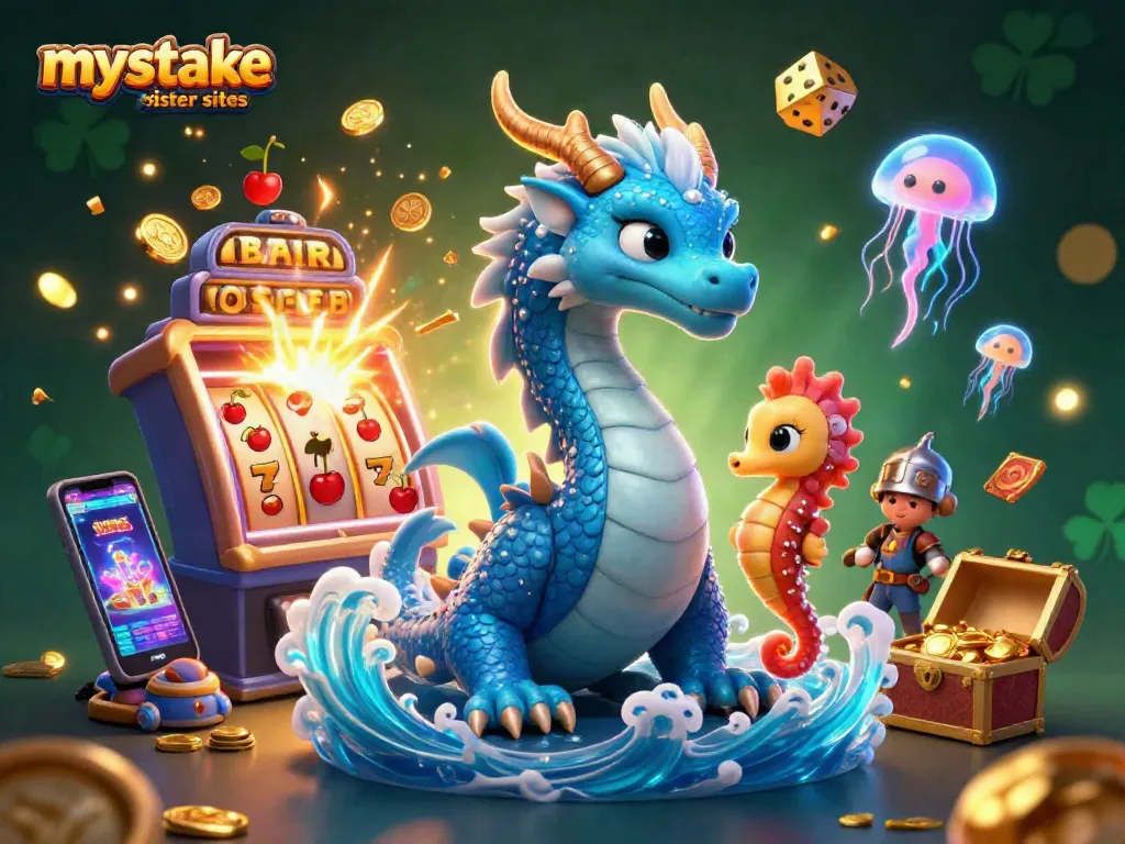 View vibrant scene of mystake sister sites with dragon and seahorse knight in a casino setting