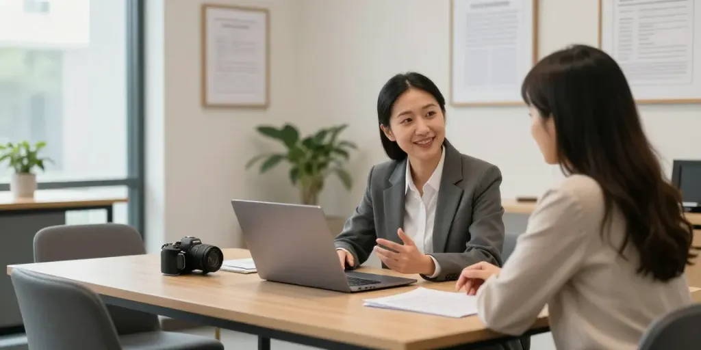 Find immigration lawyer consulting with a client in a modern office.