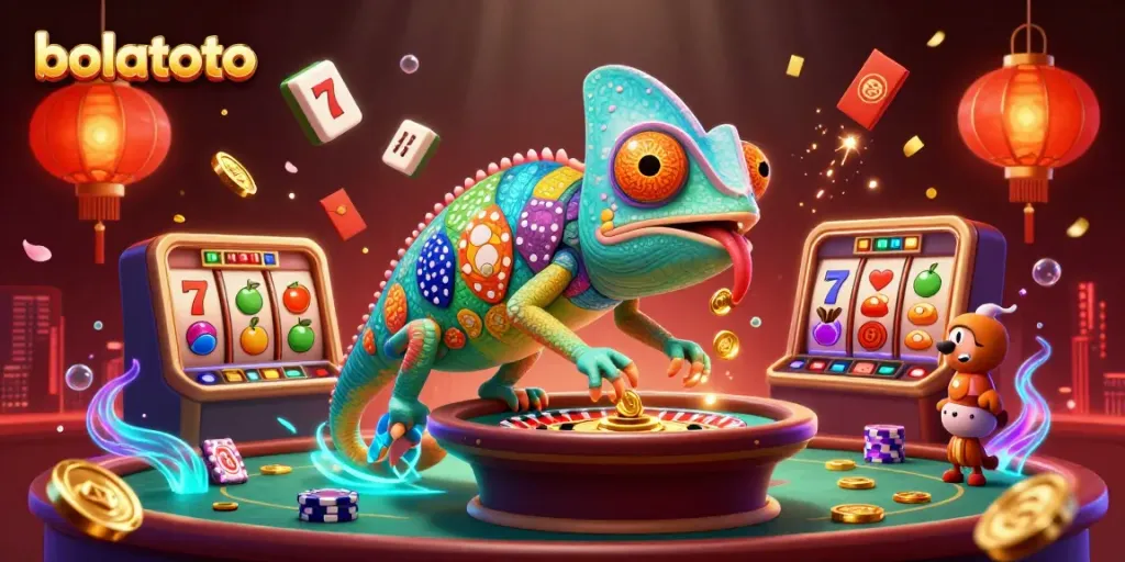 Experience the vibrant world of bolatoto with a colorful chameleon casino owner, dynamic slot elements, and rich casino ambiance.