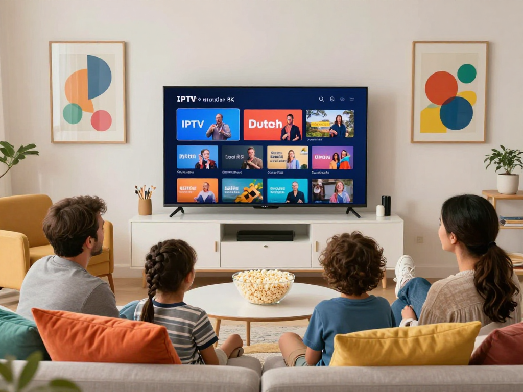 gezellige woonkamer met gezin dat geniet van Dutch IPTV in 4K kwaliteit op Smart TV, ontspannen sfeer met popcorn en kleurige kussens