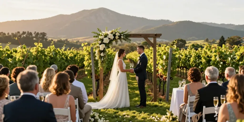 Authentic moment by professional wedding photographer Hunter Valley, couple exchanging vows in vineyard setting during golden hour.