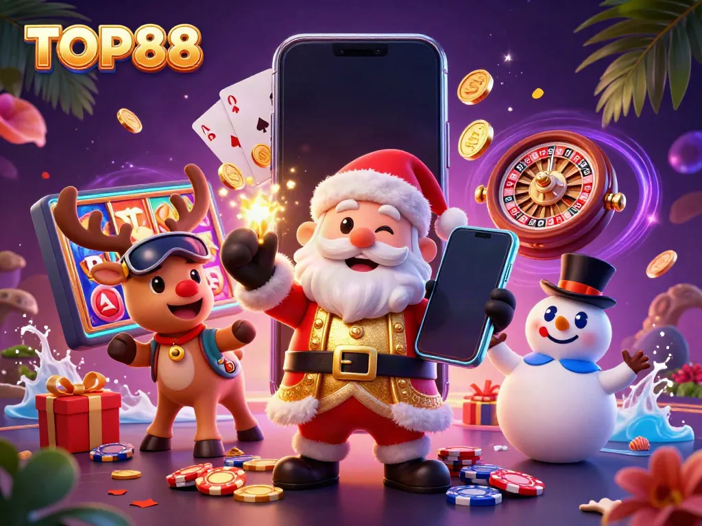 Experience the thrill of TOP88's casino action with our festive 3D scene featuring Santa and friends.