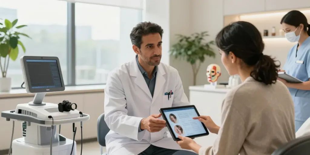 Dr Zahi Chacra Montreal consulting with a patient in a modern clinic.