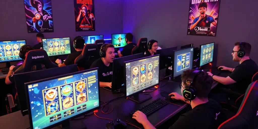 Exciting online gaming scene featuring players engaging with bigdewa slot games in a vibrant lounge atmosphere.