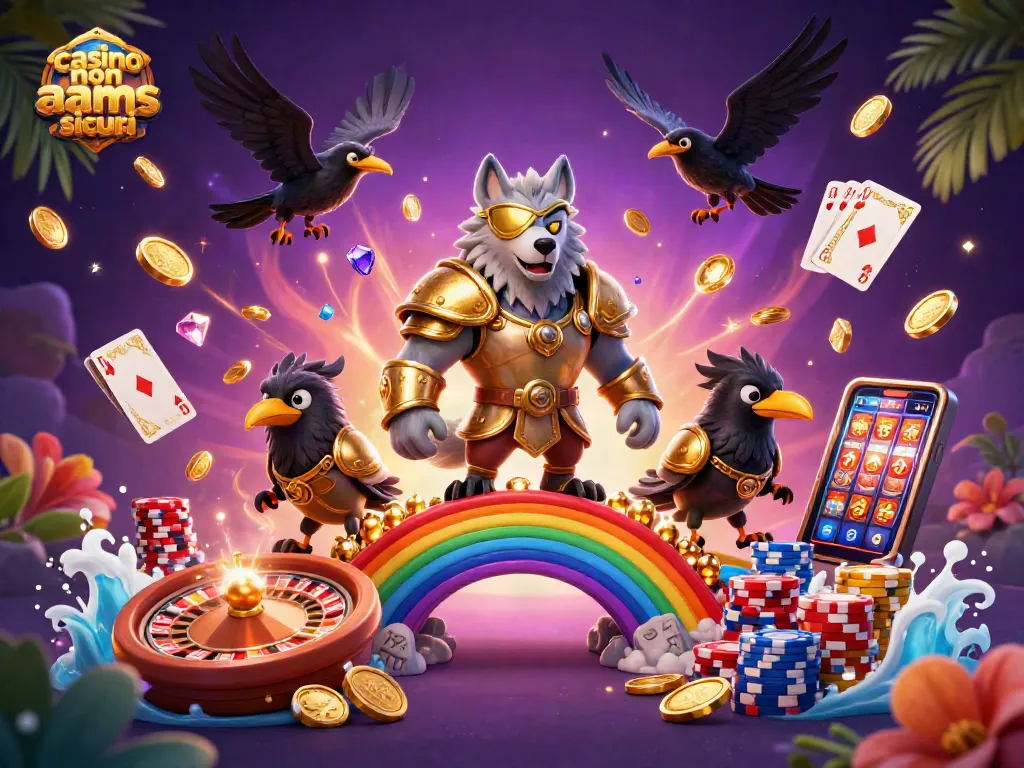 Gioca nei migliori casino non AAMS sicuri con personaggi e simboli di gioco in un'illustrazione magica.