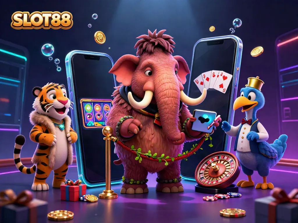 SLOT88 offers a vibrant scene featuring a woolly mammoth bouncer and saber-tooth tiger VIP at a casino entrance.