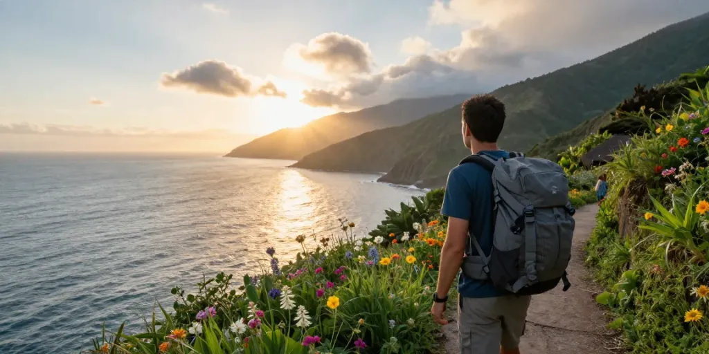 Tours and travel experience of a hiker enjoying the sunrise over a coastal path.